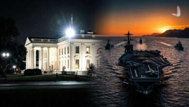 Graphic collage combining the White House at night and a US aircraft carrier fleet
