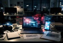 Laptop and smartphone displaying a glowing world map hologram and network data
