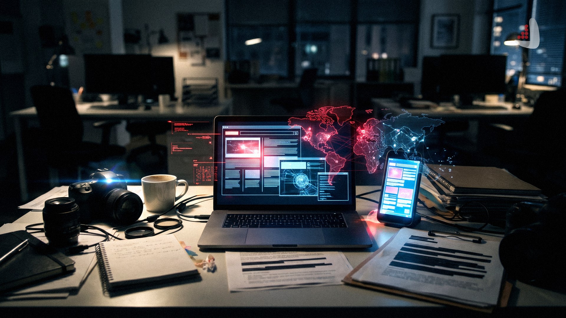 Laptop and smartphone displaying a glowing world map hologram and network data