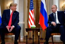 Donald Trump and Vladimir Putin are depicted alongside hands shaking and sections of a map of Ukraine