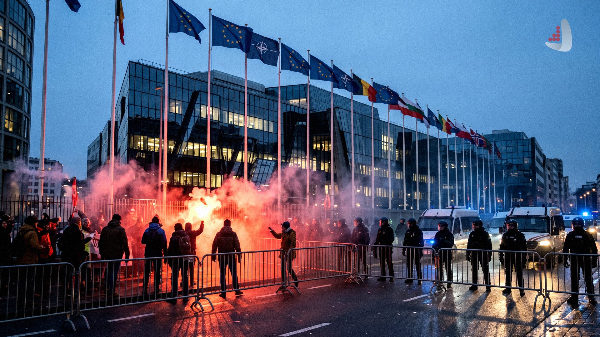 Protesters holding red flares facing riot police outside a European institution building in Brussels