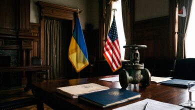 Industrial valve on a desk next to folders and the flags of the US and Ukraine