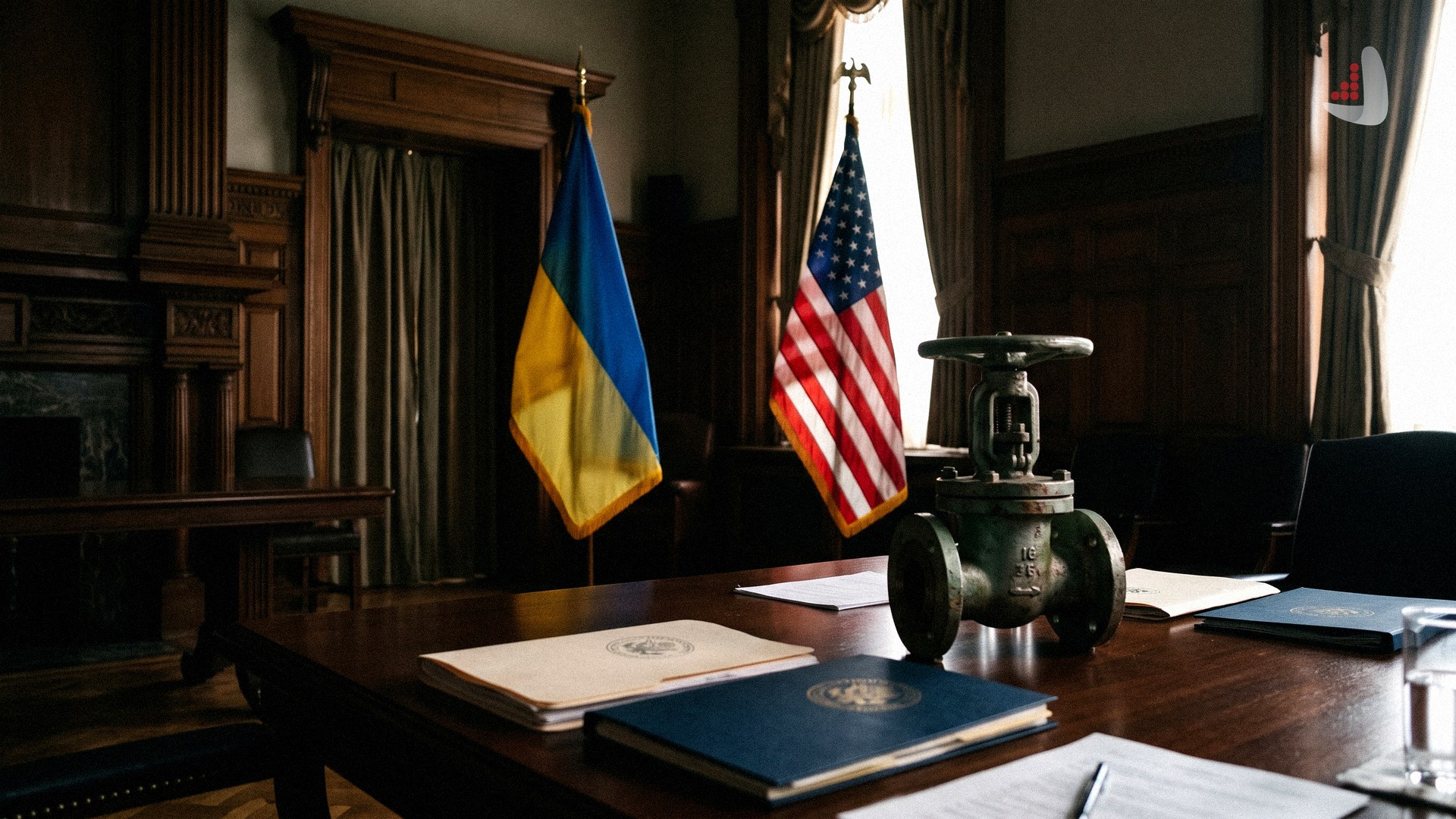 Industrial valve on a desk next to folders and the flags of the US and Ukraine
