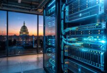 Server racks and data center equipment in a glass room with a view of the US Capitol dome at sunset