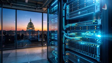 Server racks and data center equipment in a glass room with a view of the US Capitol dome at sunset