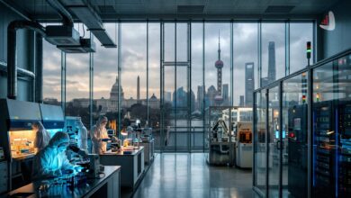 Graphic illustration of scientists in a laboratory with the US Capitol and Shanghai skyline in the background