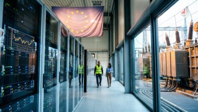 Two people walking in a data center corridor alongside server racks and electrical transformers