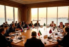 Sergey Lavrov meeting with GCC representatives and Iranian officials around a conference table