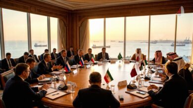 Sergey Lavrov meeting with GCC representatives and Iranian officials around a conference table