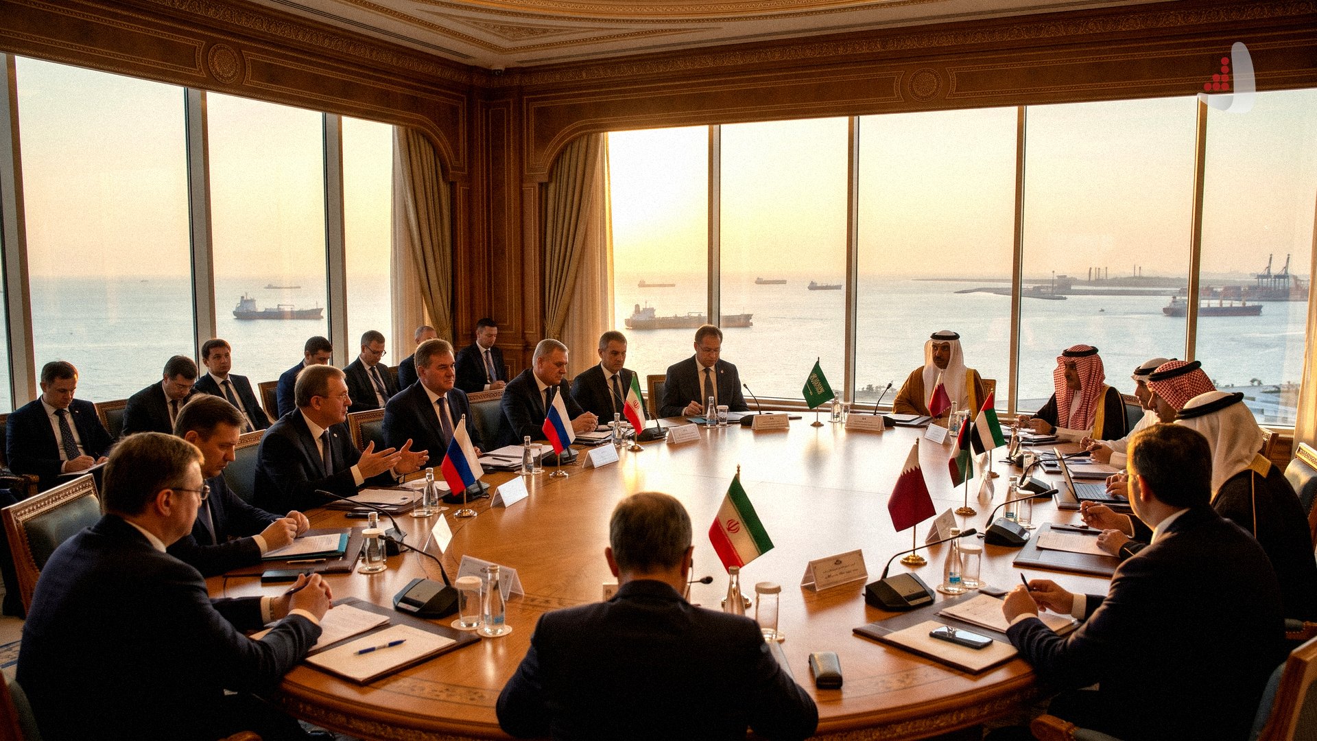 Sergey Lavrov meeting with GCC representatives and Iranian officials around a conference table