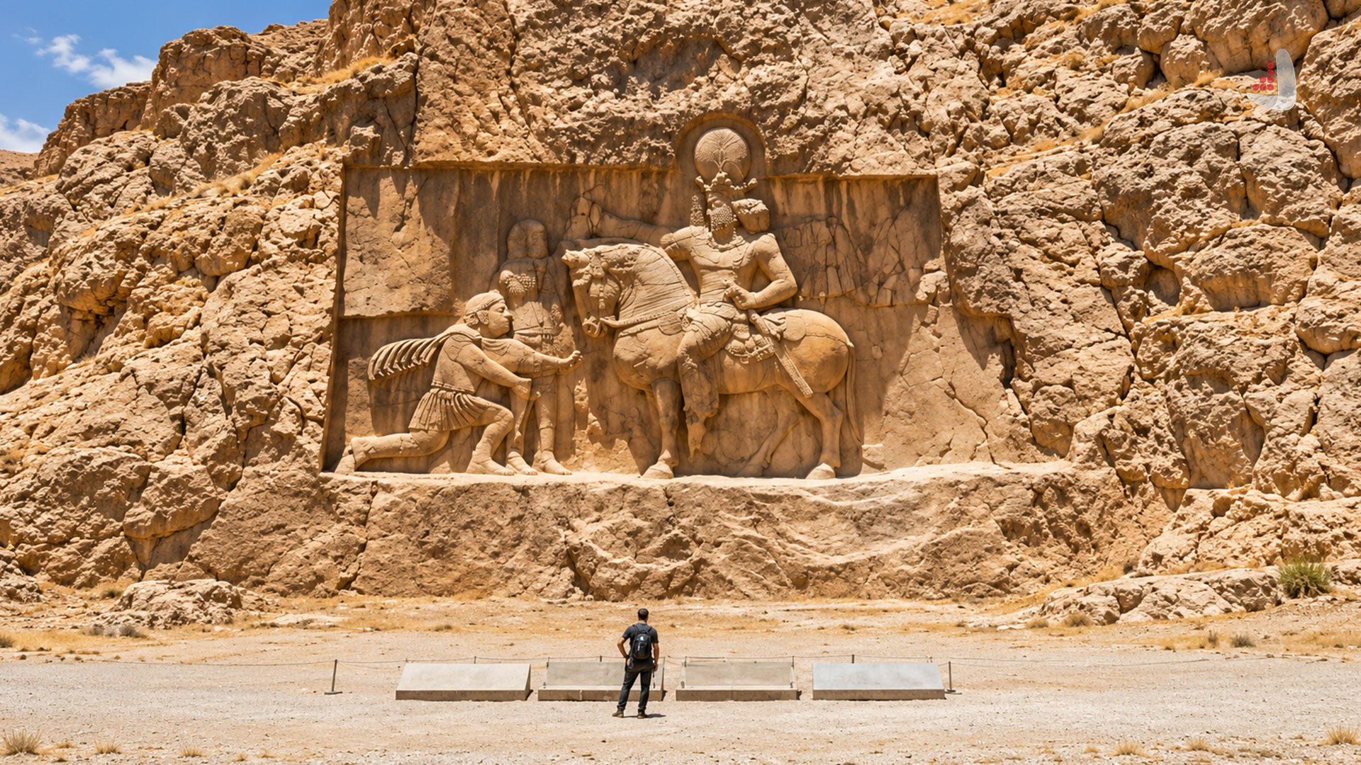 Tourist visiting the Sasanian rock relief of Bahram II at Naqsh-e Rustam, Marvdasht